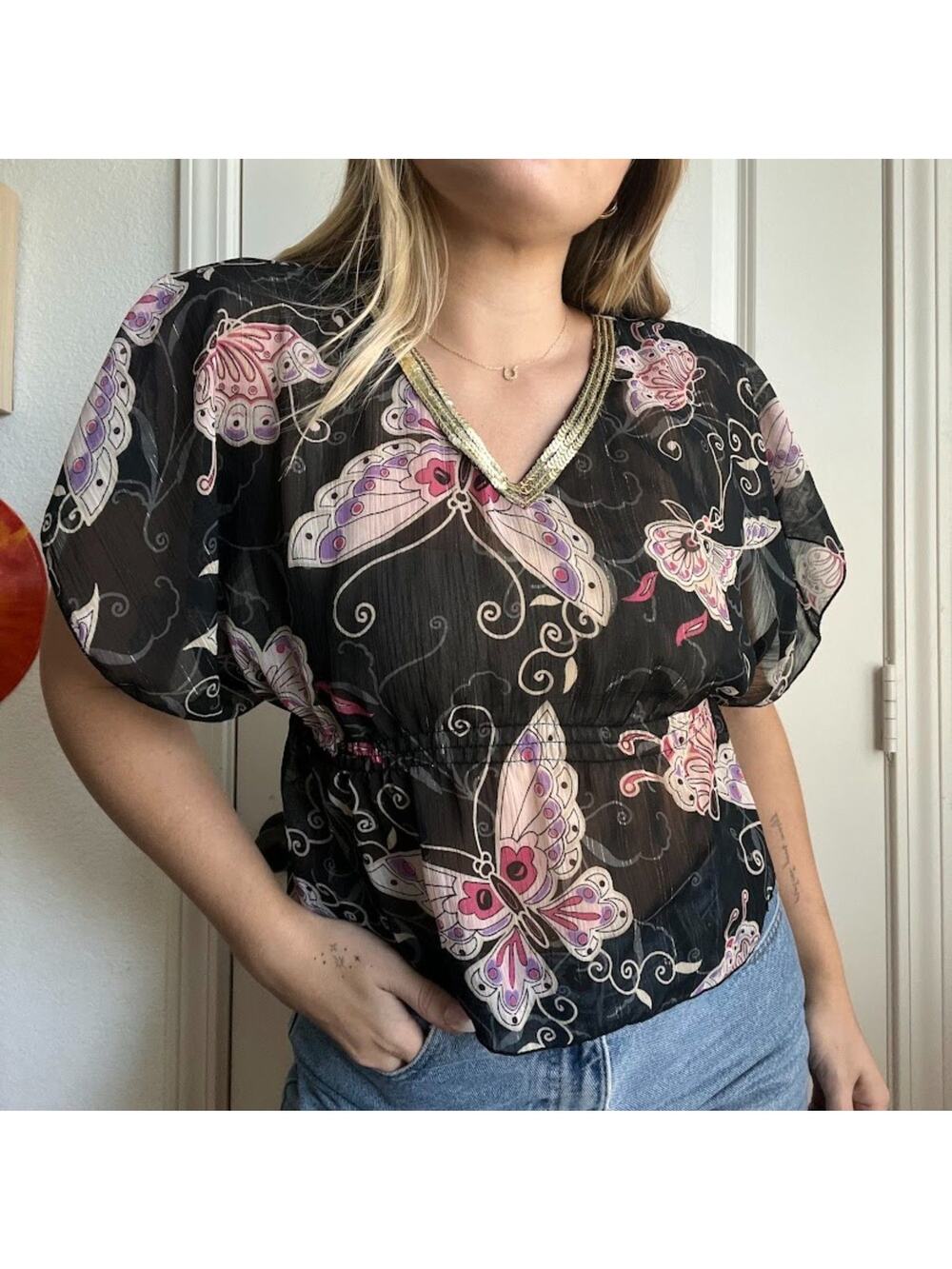 Vintage Y2K Mary-Kate & Ashley Sheer Butterfly Baby Doll Top Sz XS